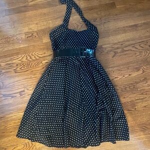 Black and White Vintage Polka Dot Dress Size Large Belted Halter Backless